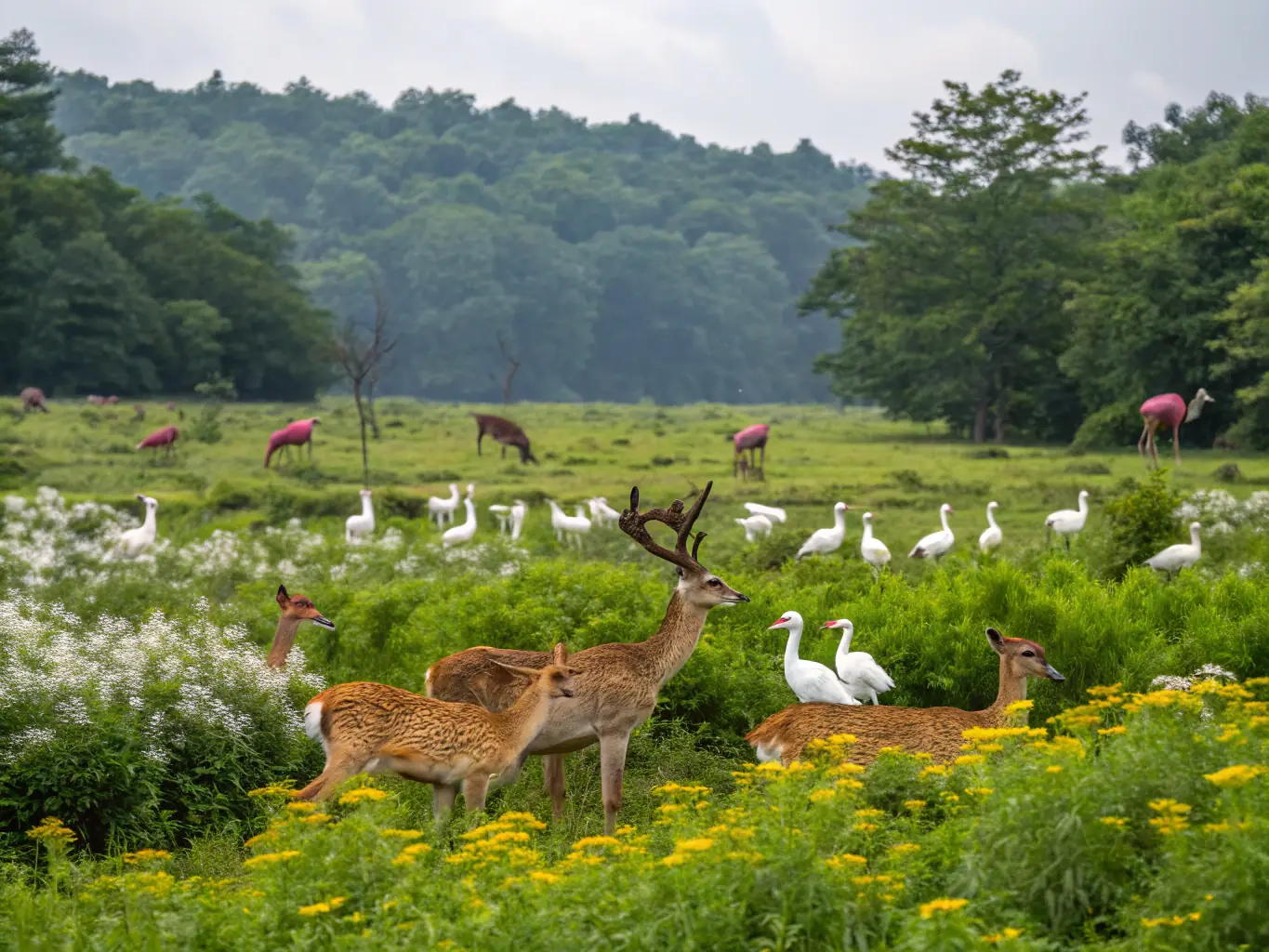 A picturesque landscape showing a managed hunting area with diverse wildlife, illustrating the organization's commitment to biodiversity.