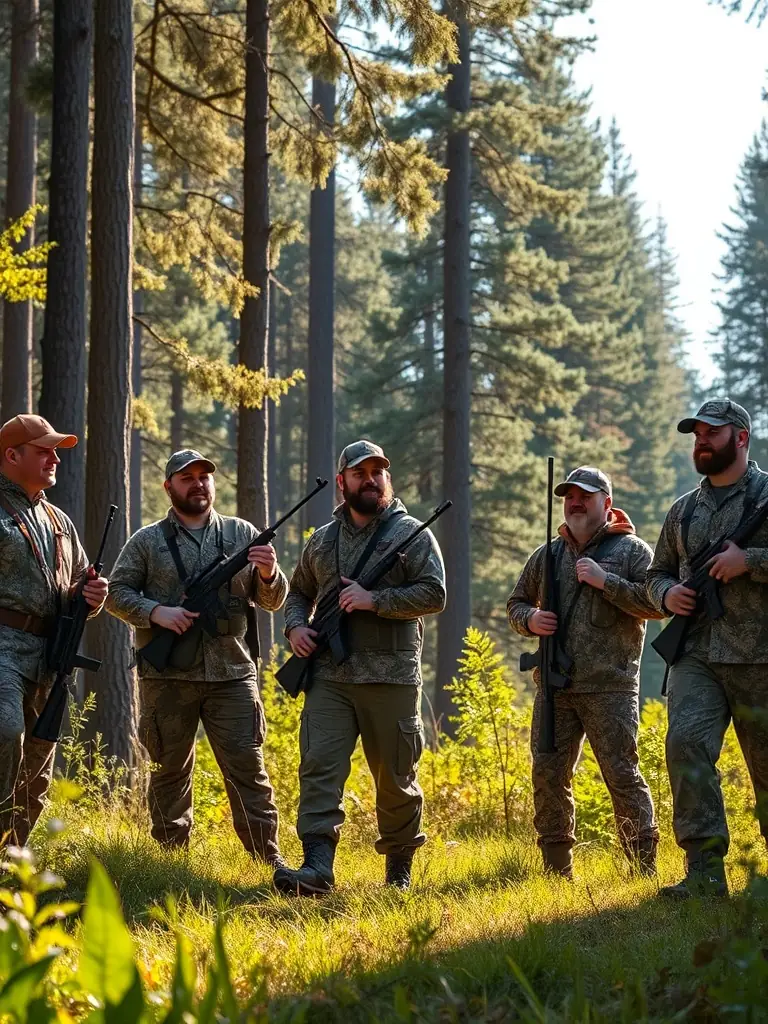 A photograph of hunters participating in a SOCIETE DE LA SOUDIERE organized hunting event, showcasing responsible hunting practices in a natural setting.