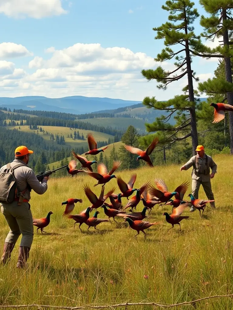 A photograph of a SOCIETE DE LA SOUDIERE event where members are releasing pheasants into a managed hunting area, showcasing the organization's commitment to game population management.