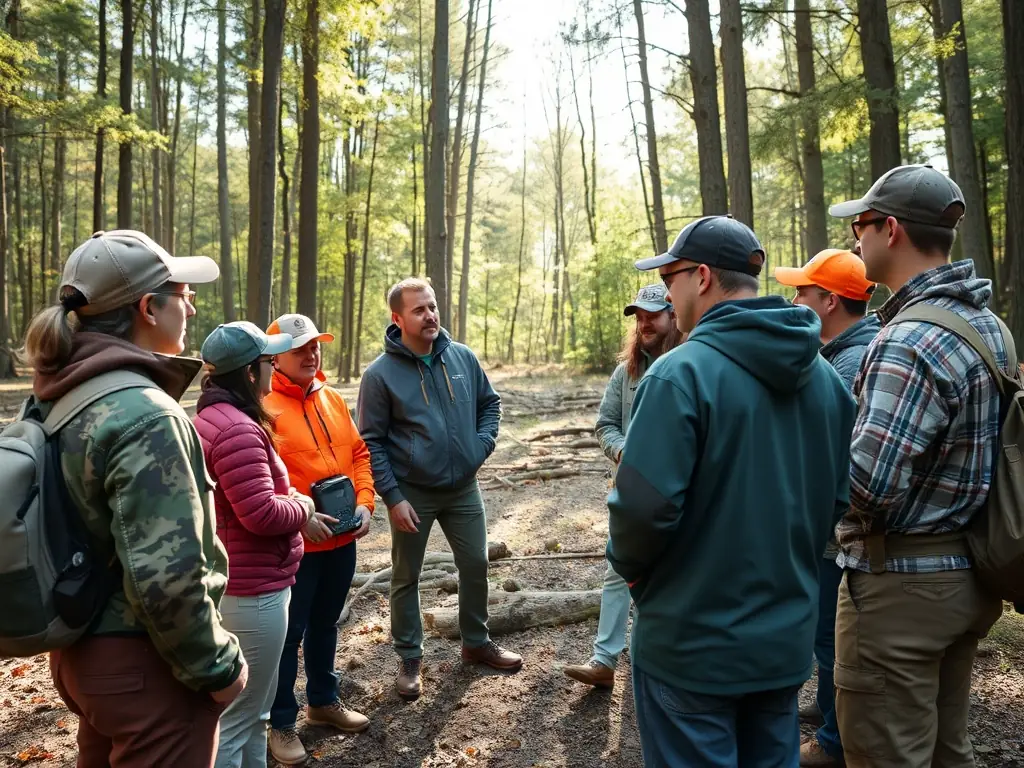 Hunters participating in a training session on responsible hunting practices, emphasizing safety and ethical conduct.