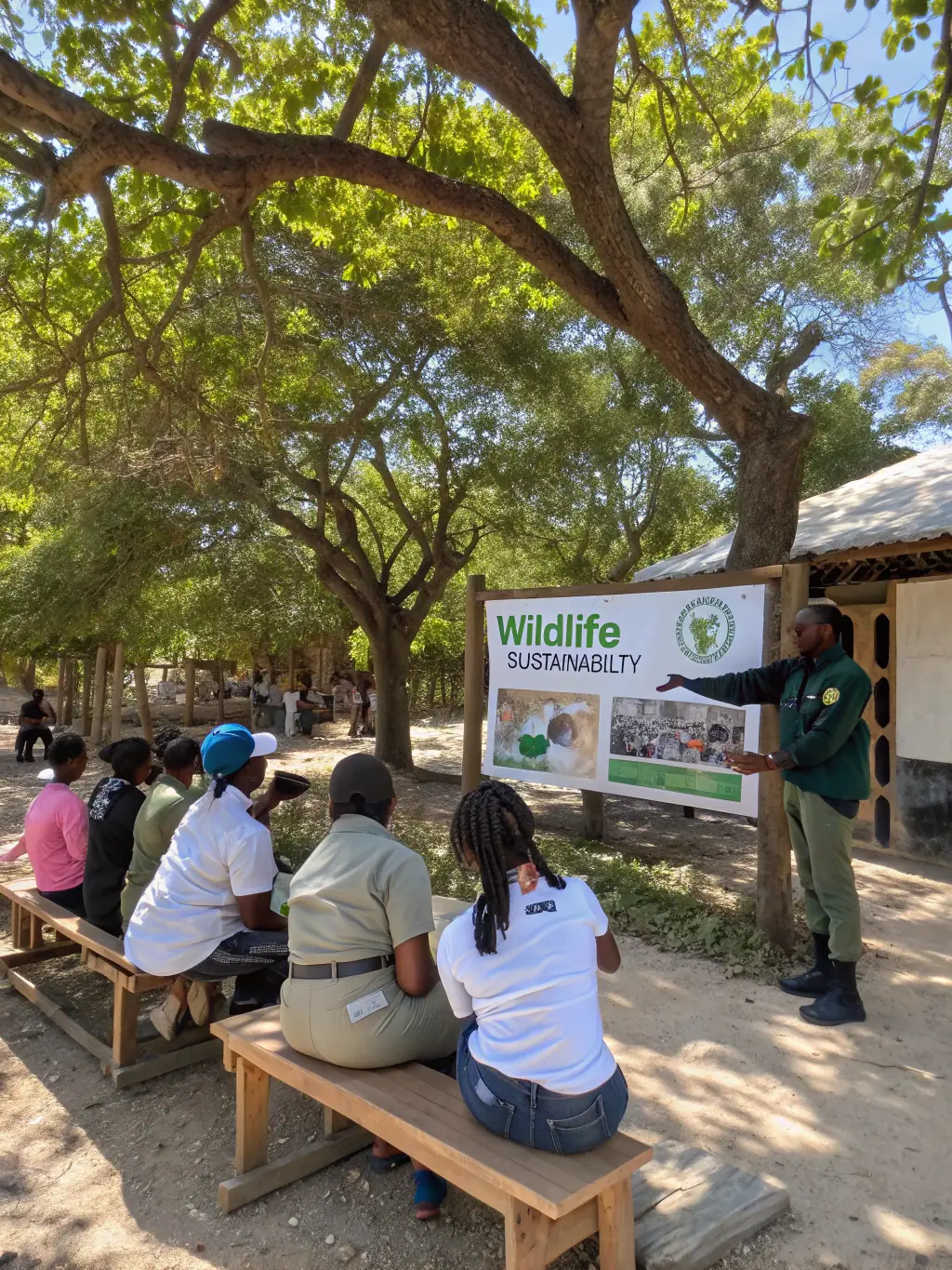 A photograph of a SOCIETE DE LA SOUDIERE educational workshop, showing participants learning about wildlife conservation and habitat preservation.