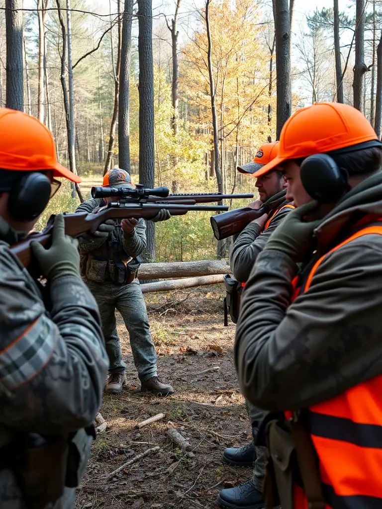 A photograph depicting a group of hunters participating in a SOCIETE DE LA SOUDIERE training session on safe firearm handling, set in a natural outdoor environment with safety cones and targets visible.