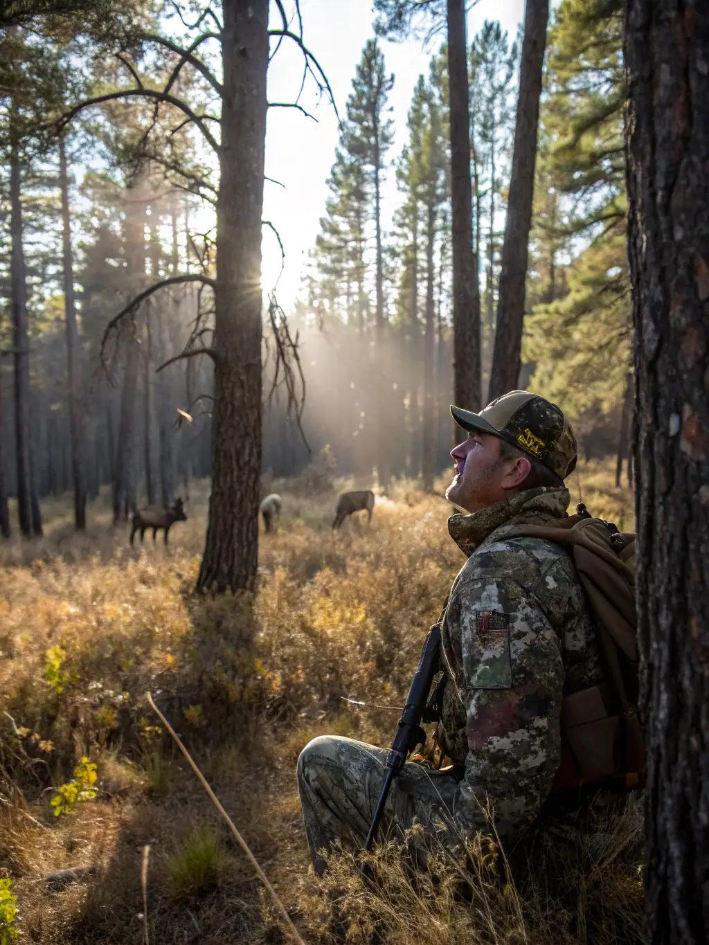 An image showcasing a SOCIETE DE LA SOUDIERE member collecting data on local wildlife populations during a biodiversity monitoring activity, using binoculars and a notebook in a forest setting.