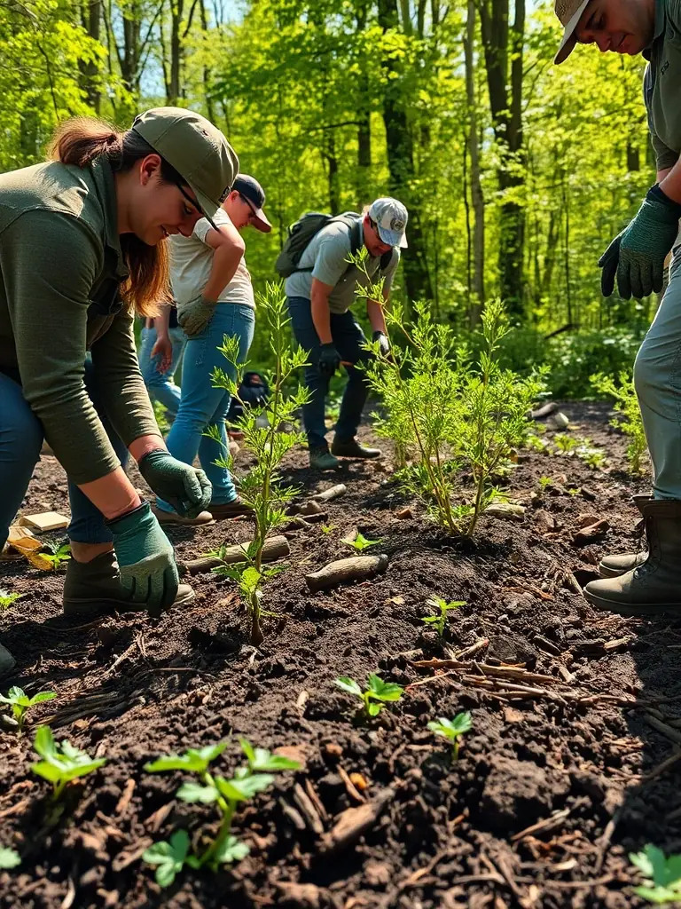 A photograph of SOCIETE DE LA SOUDIERE members participating in a habitat restoration project, planting native trees and shrubs in a previously cleared area to enhance wildlife habitats.