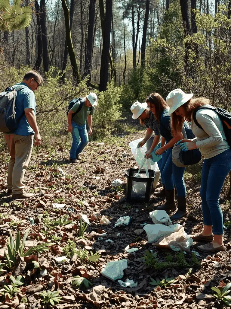 A photograph of SOCIETE DE LA SOUDIERE members cleaning up a local forest area, demonstrating their dedication to environmental stewardship.